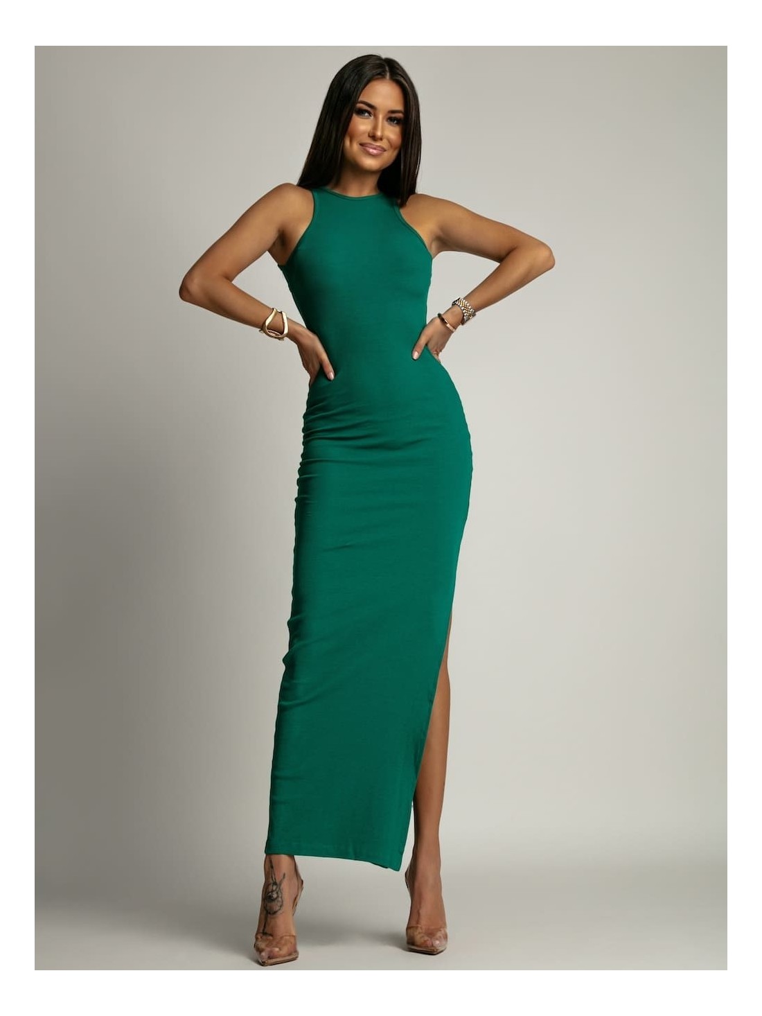 Fitted basic dress with a cutout on the back, green FG669 - Online store - Boutique